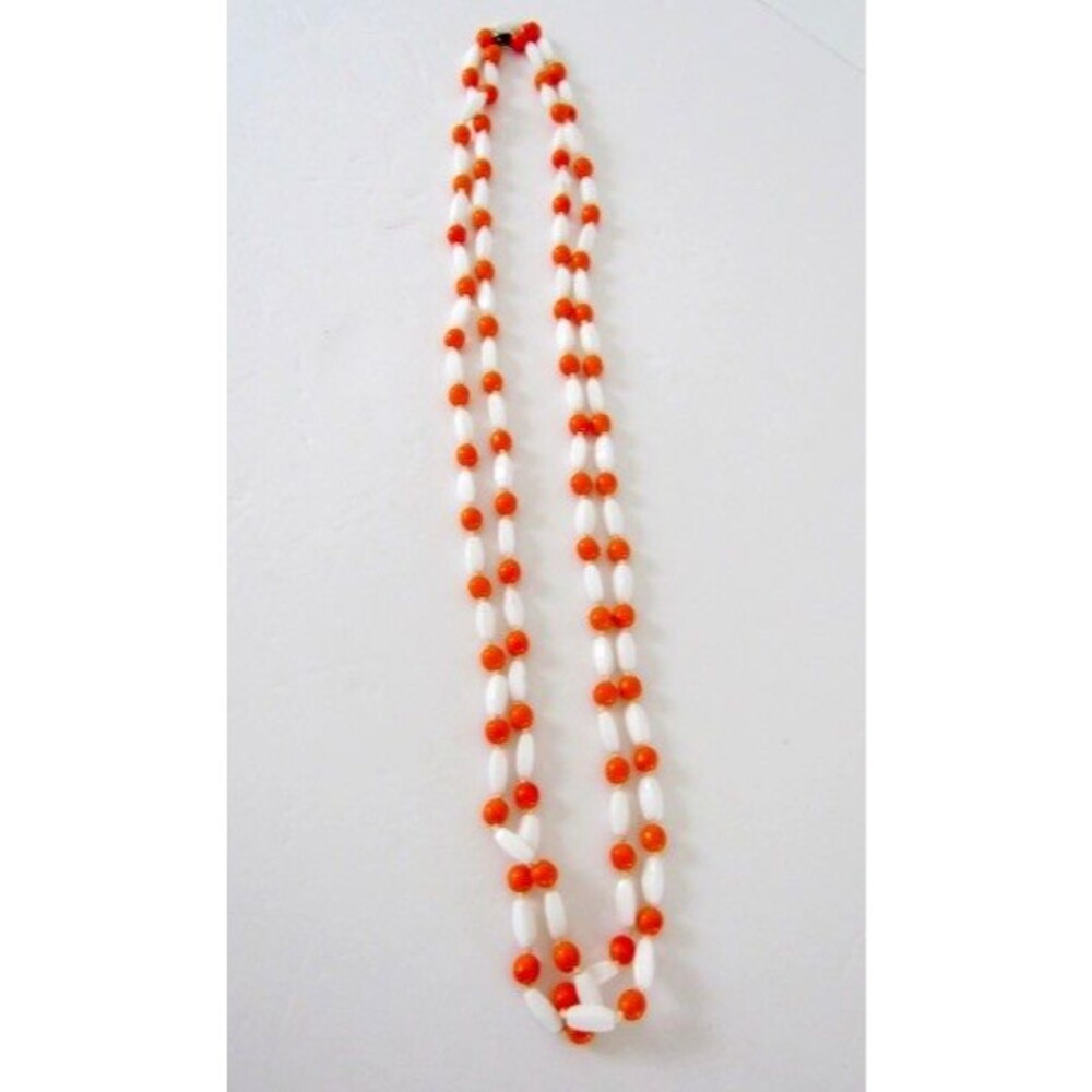 Vintage Glass Bead Mod Necklace 60's White Orange XX Long 56 in